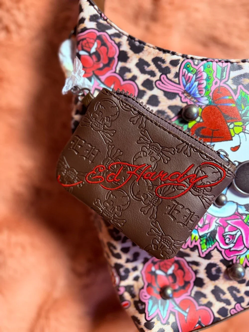 Ed Hardy Leopard Print Skull Tattoo Shoulder Bag Studded Y2K Purse NWT
